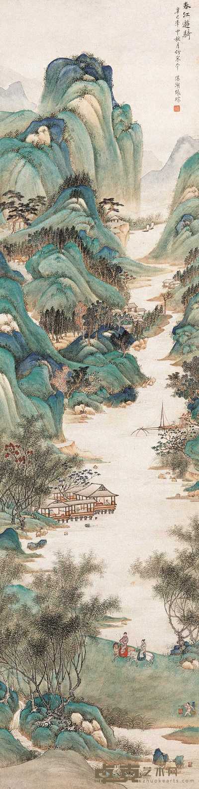 张琮 辛巳（1941年）作 春江游骑 立轴 128×33cm